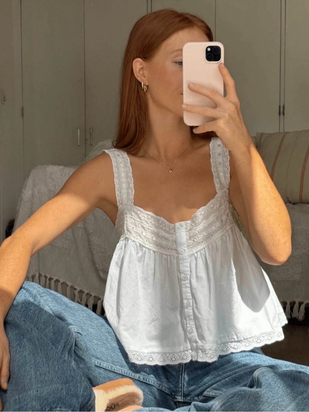 Women’s White Eyelet Lace Crop Top - Feminine Summer Tank